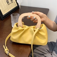 soft leather pleated shoulder bags for women wooden handle crossbody handbag small clutch cloud bag solid color ladies tote bag