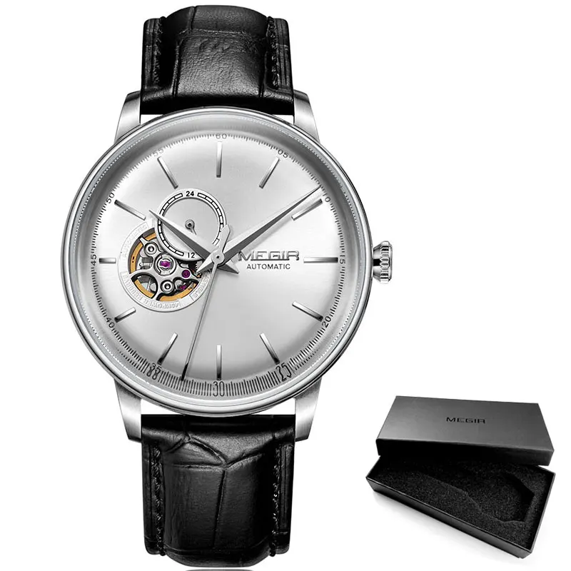 M62057-Silver Мужские механические наручные часы MEGIR с кожаным ремешком, модные повседневные деловые наручные часы для мужчин, водонепроницаемые, 5 бар, 62057G-BK-1 - Цвет: M62057-Silver
