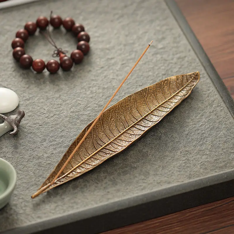

Alloy Incense Burner Stick Holder Leaf Line Incense Plate Base Temples Yoga Studios Ornaments Metal Home Decor 24.6*5.5*1.5Cm