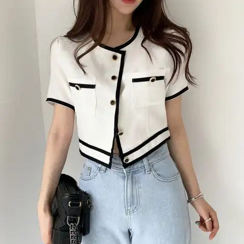 Блузка женская однобортная с круглым вырезом, дизайнерский облегающий топ с коротким рукавом, белая винтажная рубашка в Корейском стиле, оф...