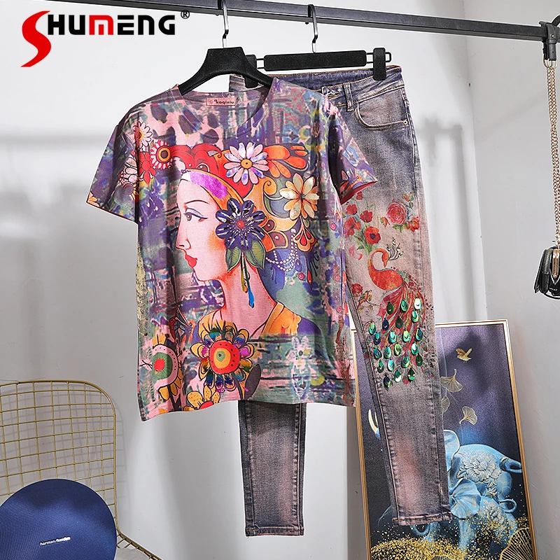 

Women's Sequins Jeans Pant Suit 2022 Summer New Korean Fashion Printed Loose T Shirt Embroidered Flares Denim Pants Two-Piece