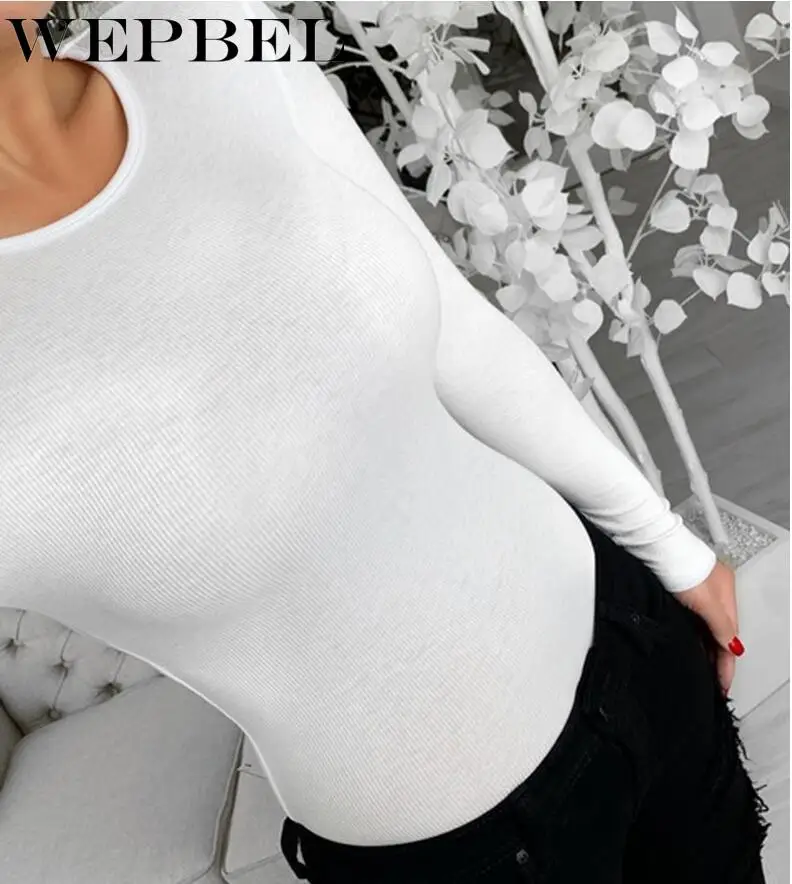 

WEPBEL Women Casual Skinny Bodysuit Sexy Long Sleeve Solid Color O Neck High Elastic Romper Overalls