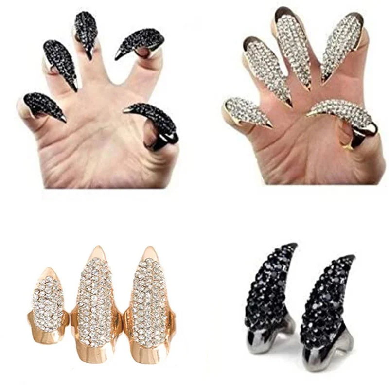 3 Sizes Gothic Punk Crystal Full Finger Rings Cover Fingertip Claw Costume Paw Fake Nail Rings for Women Set Fake Nails Gold New