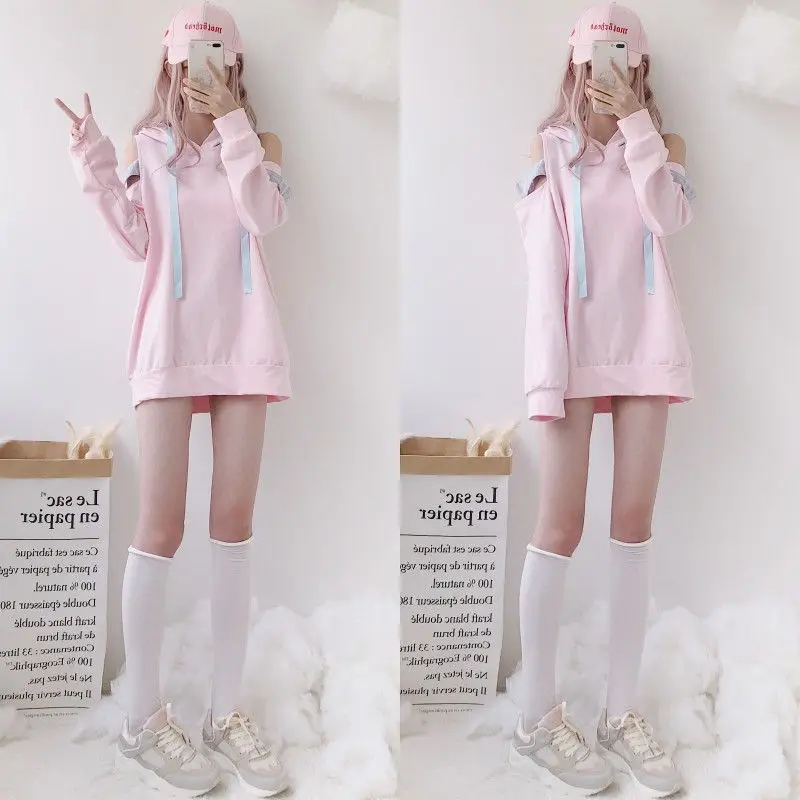 Худи в стиле Лолиты с открытыми плечами для девочек; Harajuku; Новинка года; осенний пуловер; Kawaii; розовый свитер с бантом; толстовки с капюшоном; топы; Mujer