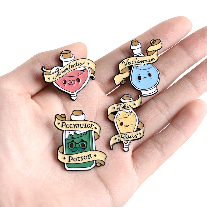 

QIHE JEWELRY 4pcs/set Enamel Pins for backpack Typewriter Audio tape Mood potion Brooches Badges Fashion Pins Gifts Wholesale