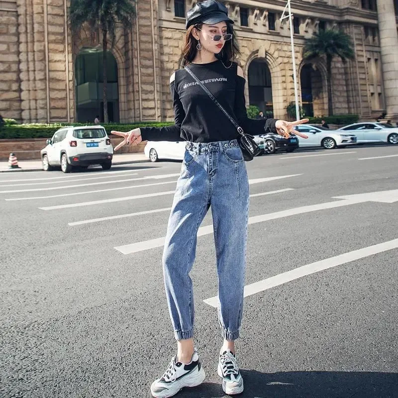 

High waisted jeans women spring 2021 new loose tight fitting waist leggings feet thin nine points harem pants ins net red trend