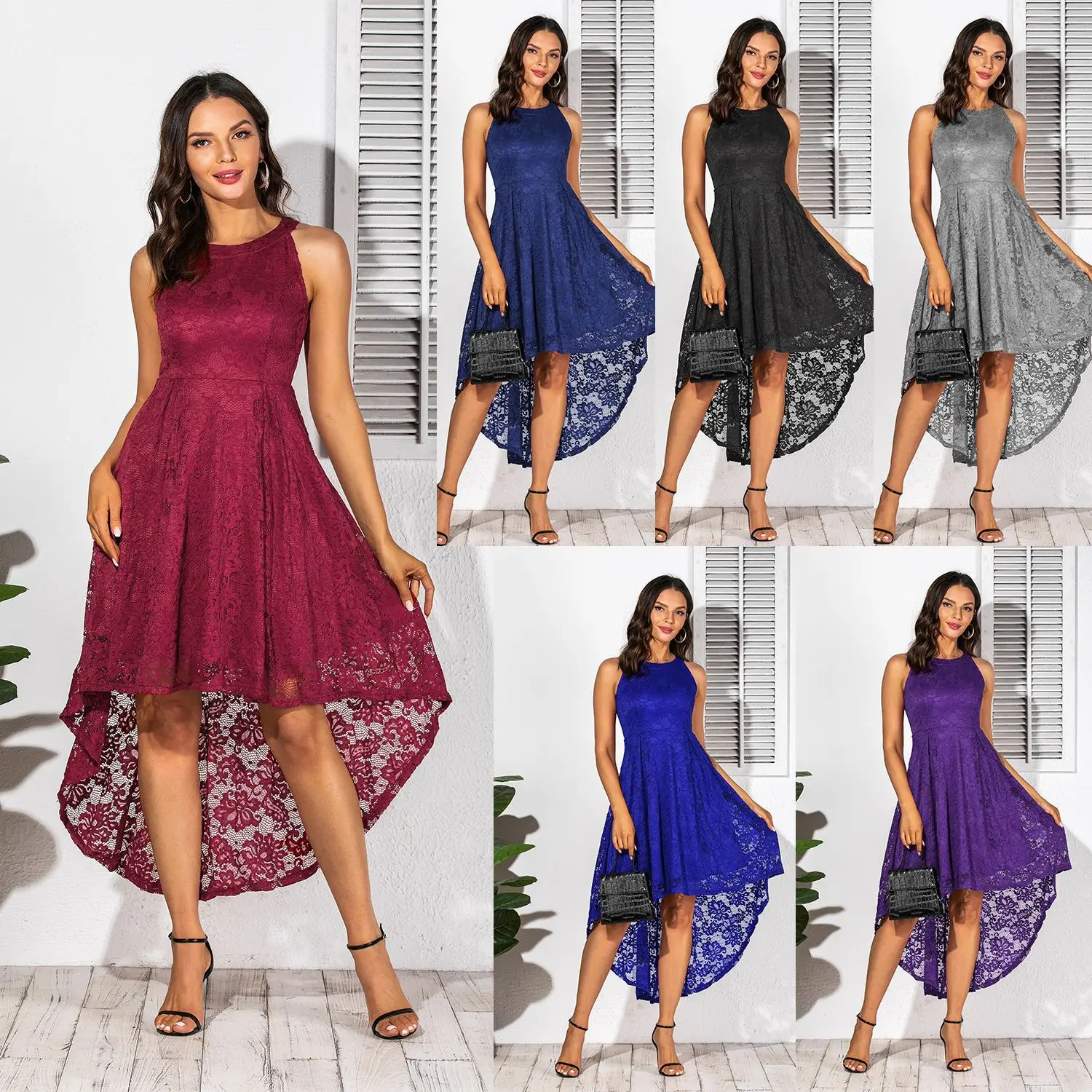 

2021 New Summer Sexy Medium Style Sleeveless Lace Dress for Woman Red Blue 5 Color Optional Sexy Evening Dress for Woman