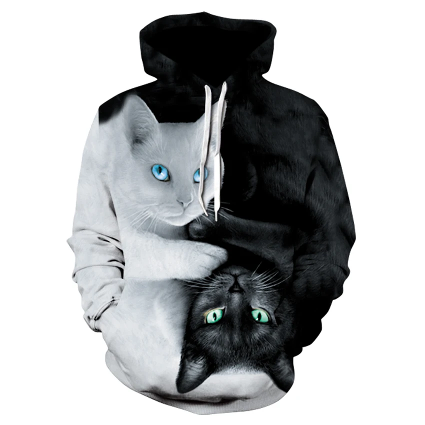 

2021 new animal character print hoodie 3d black and white cat hoodie men and women hip-hop street style jacket