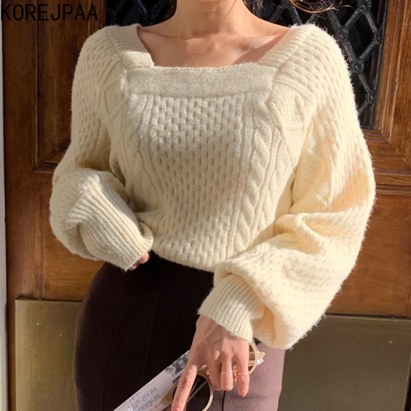 

Korejpaa Women Pullover 2021 Autumn Korea Elegant Temperament Ladies Square Neck Twist Loose Wild Bubble Sleeve Knitted Sweaters