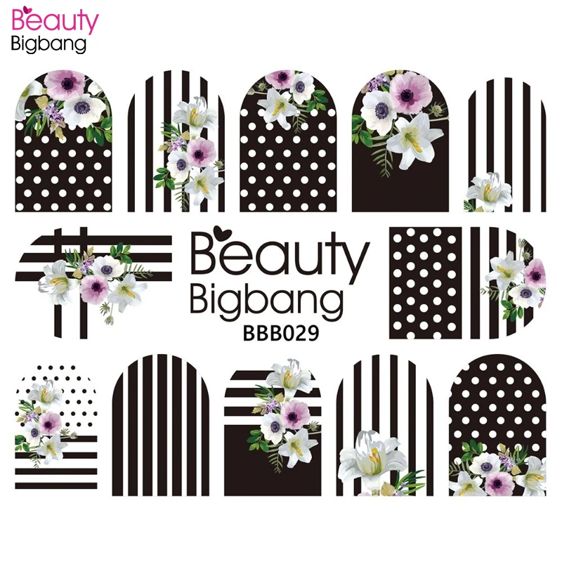 BEAUTYBIGBANG полоса точка наклейка с цветком для ногтей на воде наклейки-Слайдеры для ногтей черный и белый стиль ногтей украшения