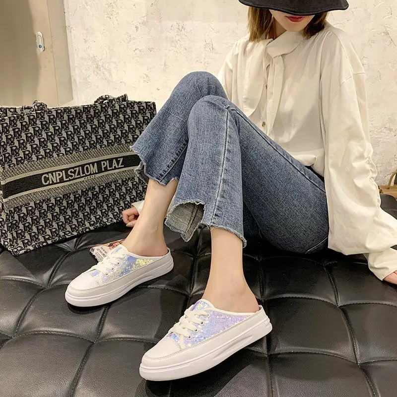 

Slippers Casual Women's Shoes with Platform Slides Cover Toe Lady Pantofle Med Luxury Soft Summer Girl Flat 2021 Cross-tied PU