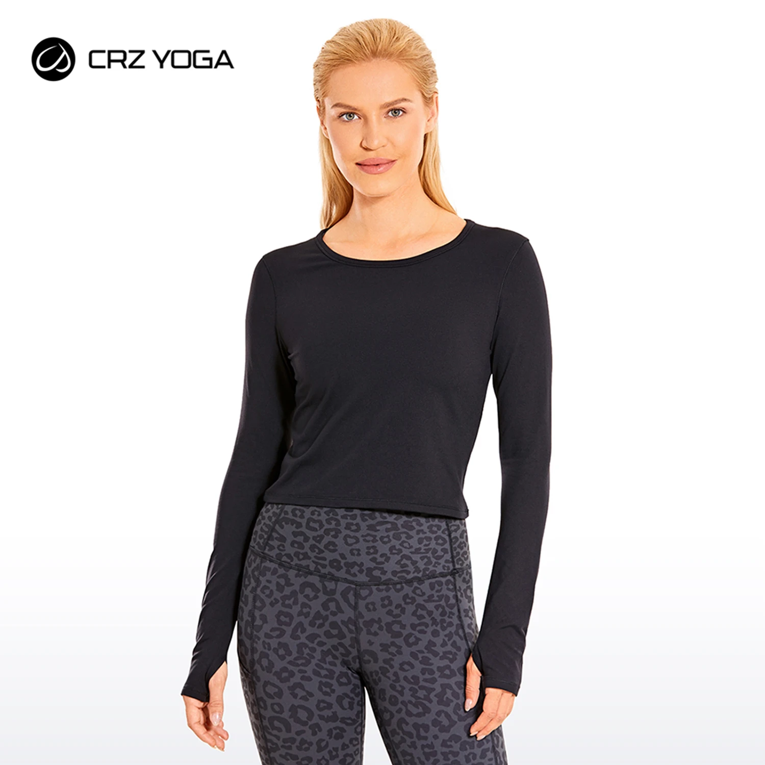 

CRZ YOGA Women's Cropped Long Sleeve Athletic Workout Running Shirts Crop Top with Thumb Hole Yoga Shirts T-shirt For Women