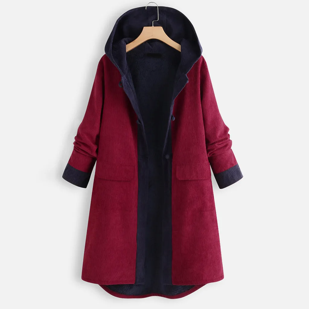 Jaycosin модное женское повседневное зимнее винтажное пальто с капюшоном, стильное удобное флисовое вельветовое длинное пальто с длинным рукавом 30#5