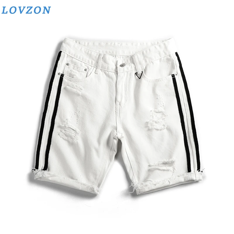 

LOVZON Men's Summer Short Jeans Holes Denim Shorts Men Cotton Knee Length Casual Jean Shorts Black Denim Shorts
