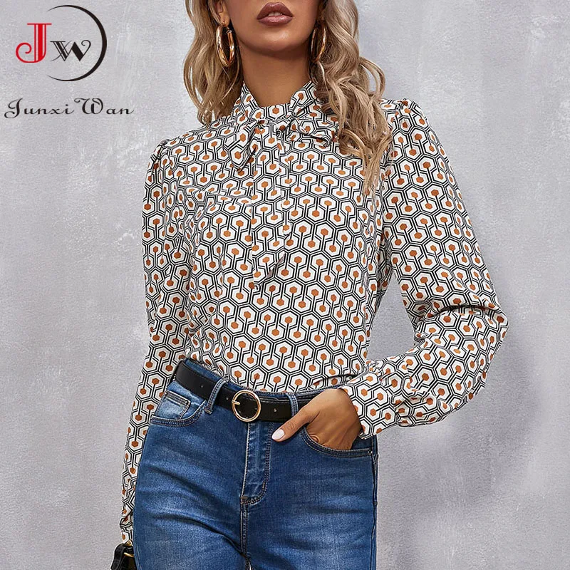 

Vintage Printed Women Chiffon Blouses Fashion Long Sleeve BowKnot Office Wear Shirt Casual Chic Tops Blusas