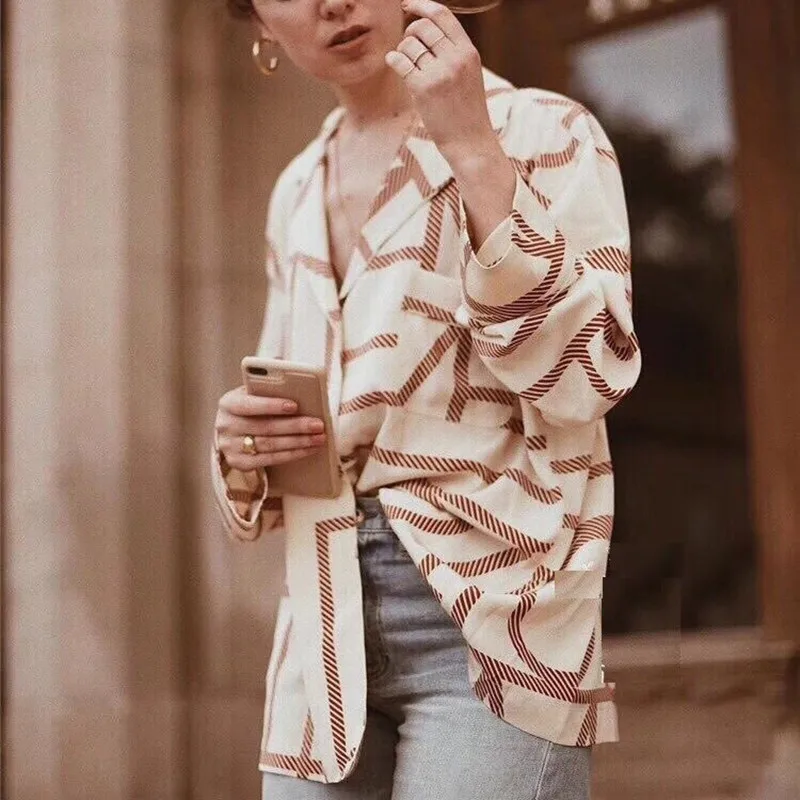 

100% Шелковая женская блузка геометрический принт с насечкой, с длинным рукавом, с открытым носком женские повседневные тонкие однобортные р...