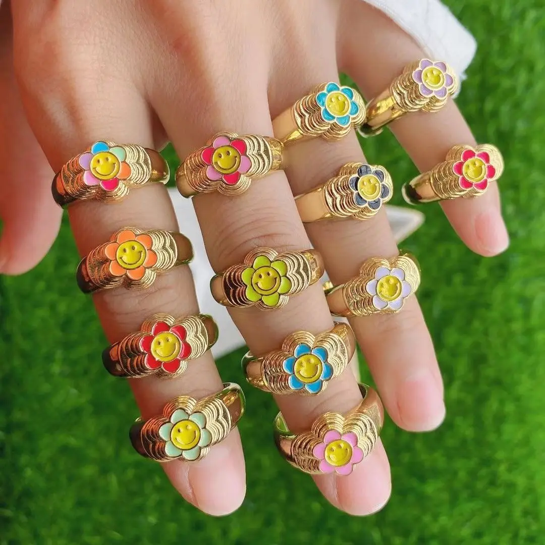 10Pcs New Hot Fashion Gold Plated Sunflower Smiley Drop Oil Finger Rings Happy Face Enamel Ring Chunky Jewelry For Women Girls