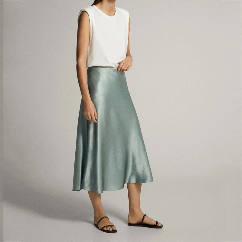 

Women Silky Satin Skirt 2021 Office Lady High Waist A-Line Midi Long Skirt Female Solid Color Flared Hem Casual Loose Streetwear