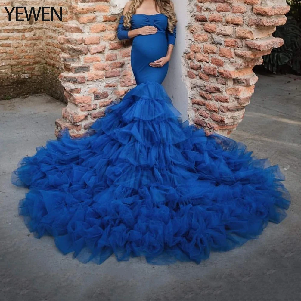 Русалка без Плеч эластичное синее хлопковое длинное платье платья для