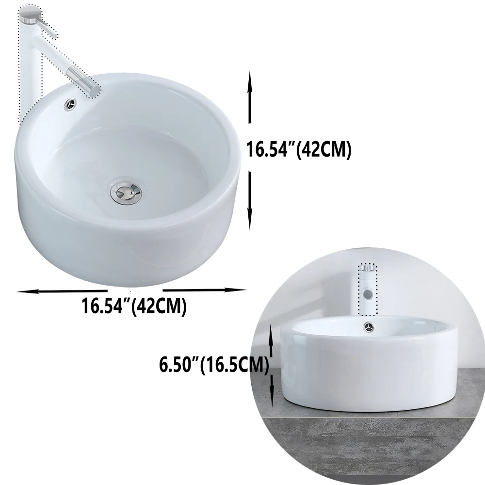 

Bathroom Above Counter Round Style Ceramic Vessel Vanity Sink Art Basin - White Porcelain - with Pop Up Drain Stopper180821306