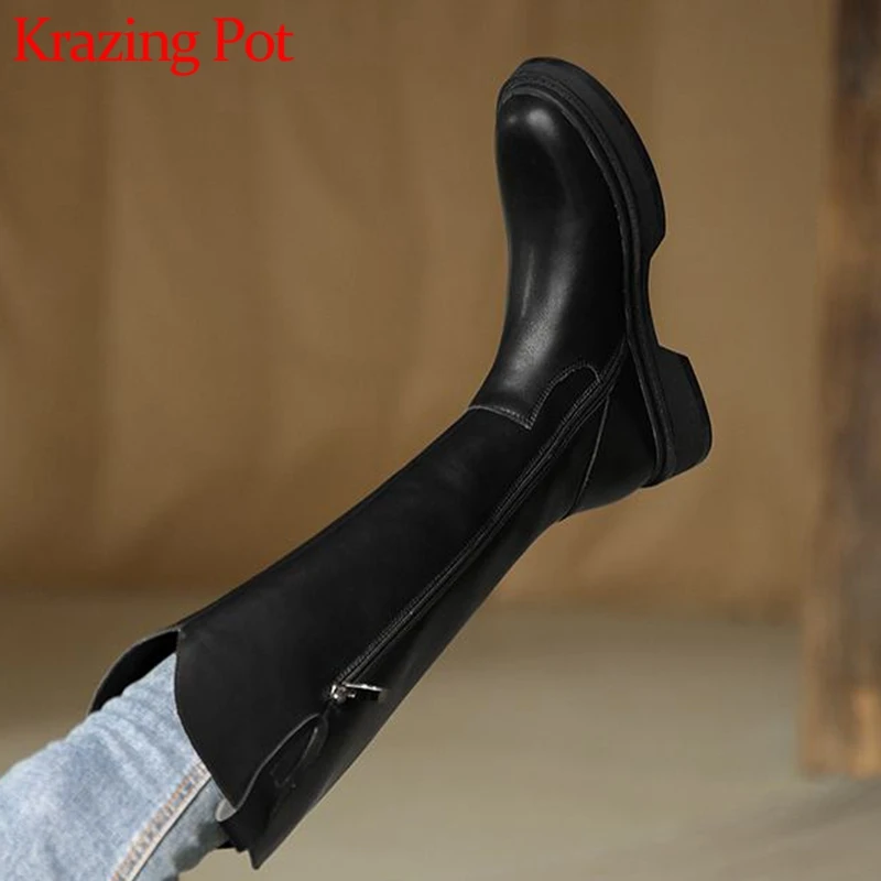 

Krazing Pot cow soft leather zip western boots winter round toe sweet KPOP style low heels concise splicing thigh high boots l37