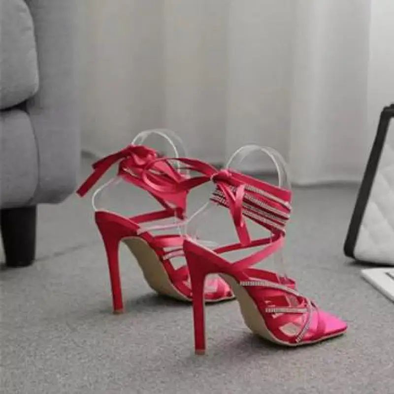 

Fashion 2021 New Summer Women's Sandals PU Lace-Up Sexy Thin High Heels 12.5CM Silk Sandals Stripper Shoes ZL