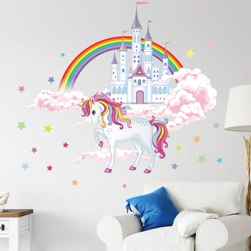 Stars Colorful Rainbow Pink Princess Castle Unicorn Wall Sticker For Girls Kids Bedroom Decor Vinyl Mural Decals | Дом и сад