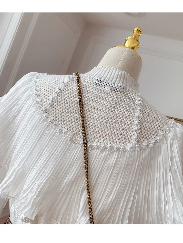 

Beads Ruffled Splicing Knitwear Female 2021 Spring Gentle Stand-up Collar Puff Sleeve Outerwear Sweater Blouse Women