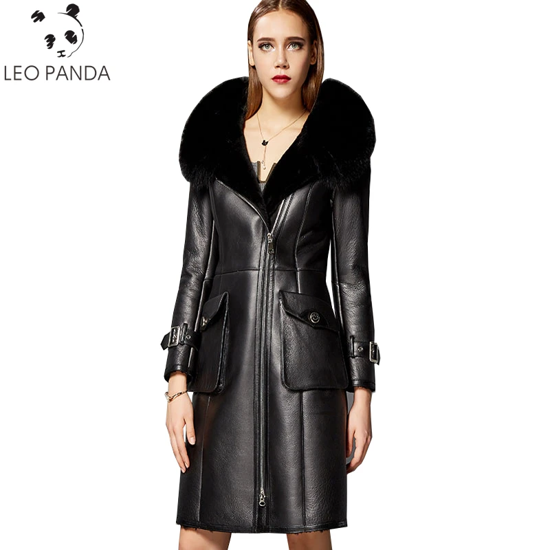 Новые зимние натуральным Shearli кожаное пальто женская обувь черного цвета из