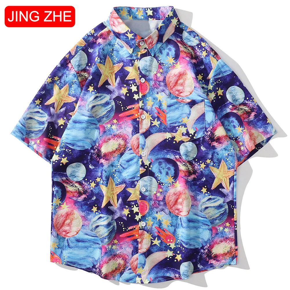 

JING ZHE Harajuku Shirt Men Short Sleeve Star Planet Painting Print Streetwear Casual High Street Fashion Hawaiian Shirts Summer