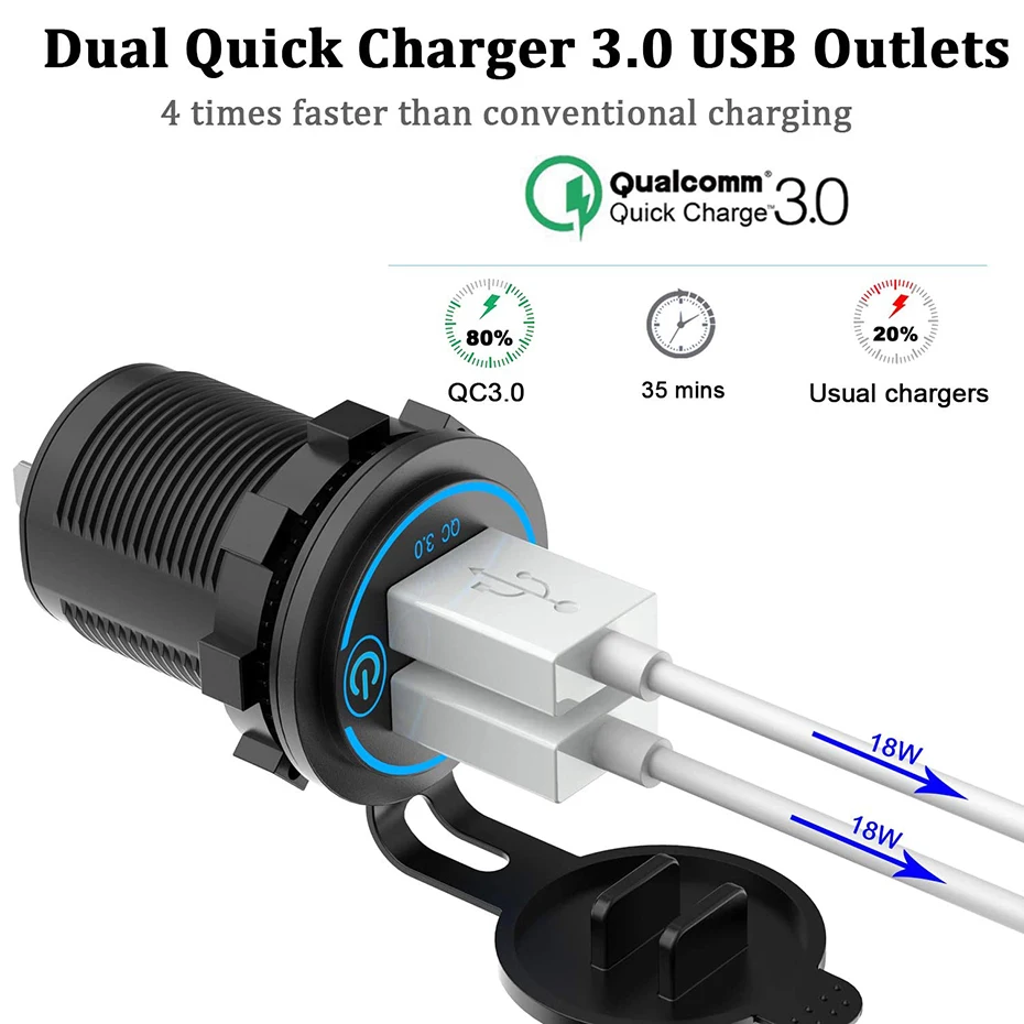 36W QC 3.0 Touch Switch Waterproof Universal Motorcycle Car Truck VAN Boat Dual USB Charger Socket For Phone Tablet DVR GPS | Автомобили и