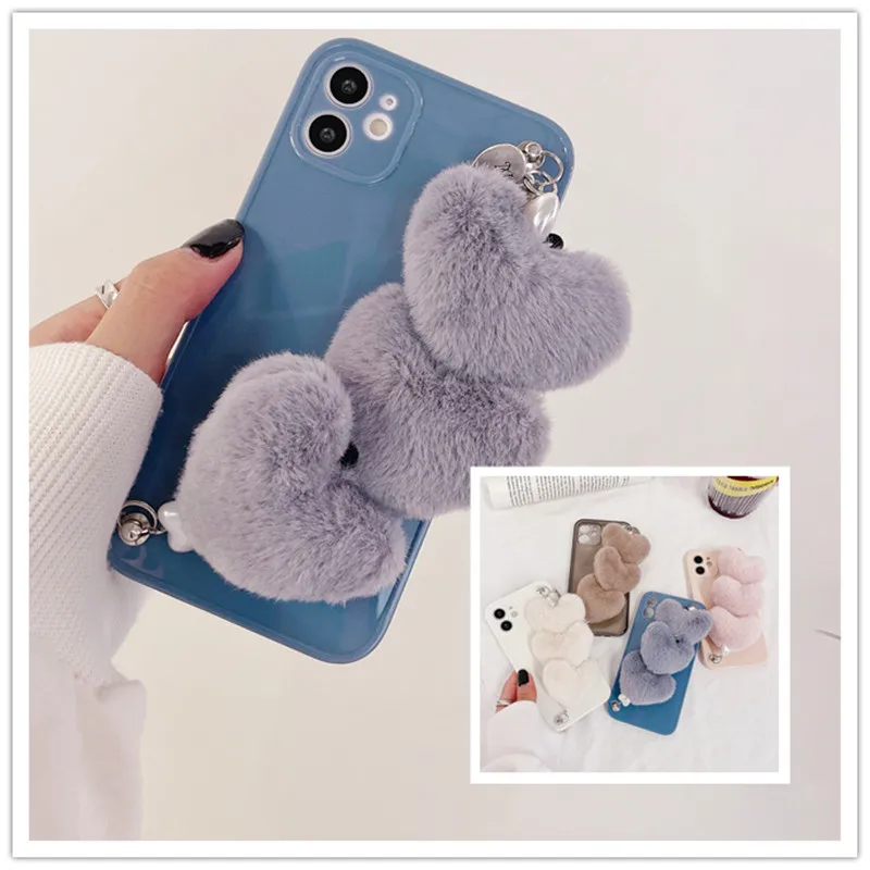 

3D Plush Heart-shaped Wristband Chain Protective Cover Soft Shell Phone Cases For iPhone 13 12 11 Pro Max XSMAX XR X 8 7 6S Plus