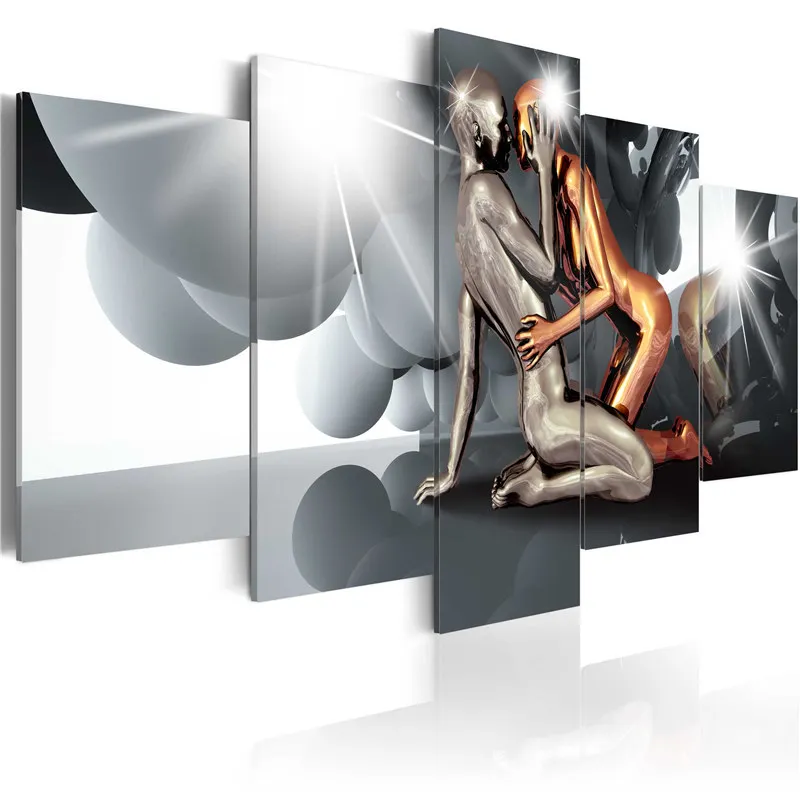

Modern Wall Art 5 Pieces Gold and Silver Men and Women Kissing Statuss Canvas Print Home Deocr Living Room Decoration Poster