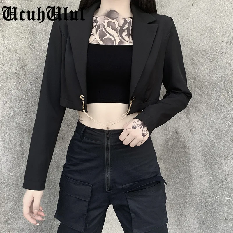 Streerwear металлический PatchworkBlack блейзер для женщин Мода укороченный костюмы с