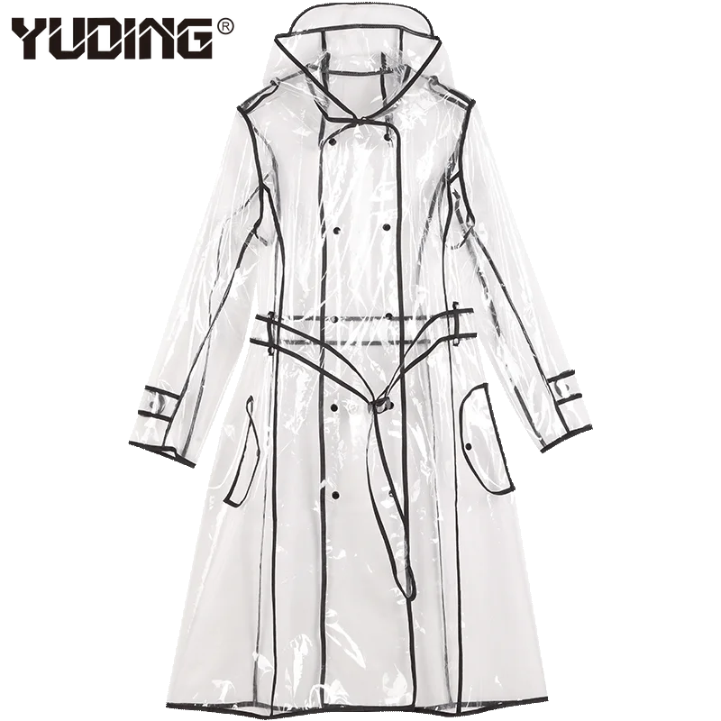 Прозрачный дождевик Yuding с поясом для женщин длинный Модный водонепроницаемый