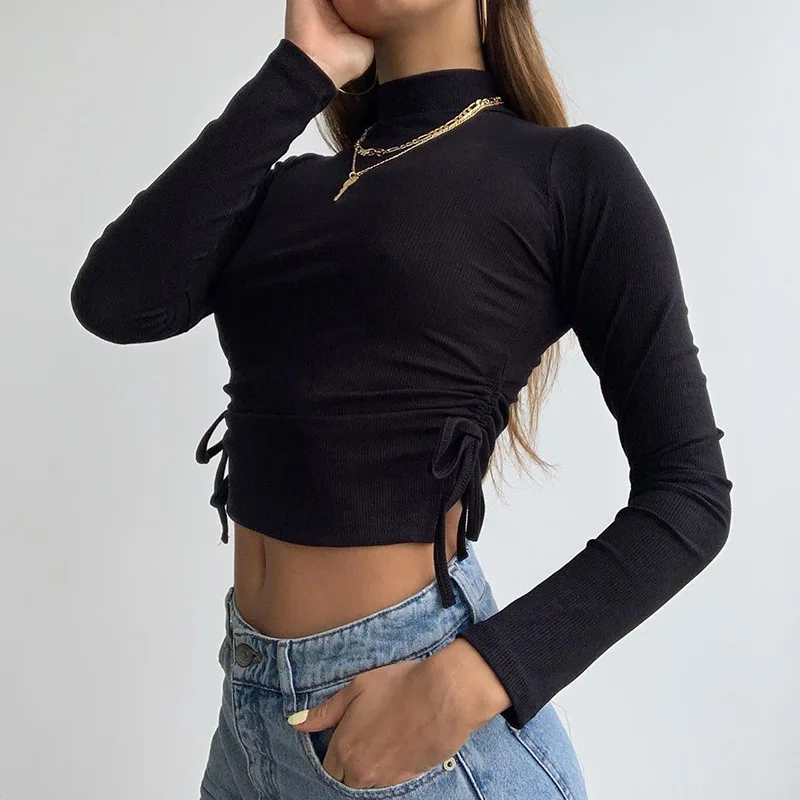 

Autumn Casual Cropped Tshirt Women Turtleneck Long Sleeve Ruched Ribbed Tee Shirt Ladies Black White Solid Basic T-shirts