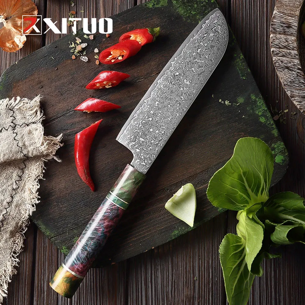 

XITUO 7-дюймовый нож сантоку, 67 слоев, дамасская сталь, кухонные ножи, Ультра Острый Pro Мясницкий Овощной дамасский японский нож