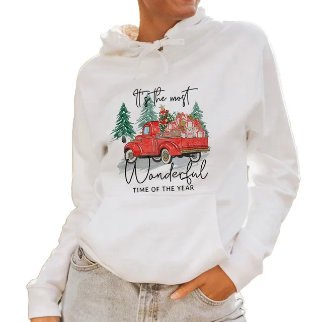 Women's Fashion Hoodie Casual Long Sleeve Christmas Wonderful Time Of The Year Christmas Tree Print Hooded Sweater Ladies Top 2