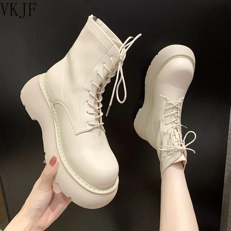 

Shoes White Ankle Boots Boots-Women Round Toe Lace Up Low 2021 Rock Rubber Lolita Summer Ladies Med Square heel Basic Solid Cros