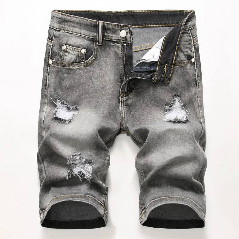 

Men's Denim Shorts Torn 2021 Hot Summer Breeches Hole Distressed Bermuda Male Stretch Knee Length Vintage Short Jeans Shorts Men