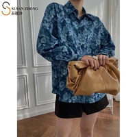 women shirts female blouse ladies tops 2021 spring new elegant office loose mid long flower print turn down collar button cuff