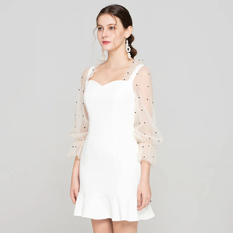 Yigelila summer new White V-Neck Lantern Sleeve sexy slim package hip skirt dress 64204
