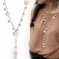 necklace chain pearl sweater womens long pendant flower white elegant
