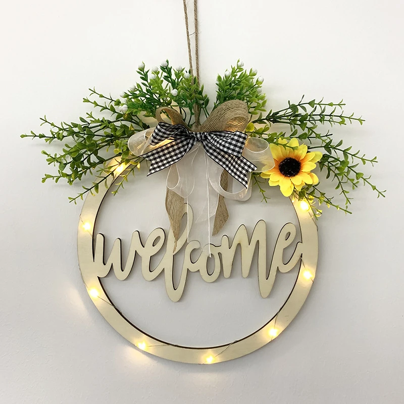 Welcome/Hello Sign Door Hanging With LED Light Wreath Home Decoration Round Wood Sign Pendant Hanging Door Decor