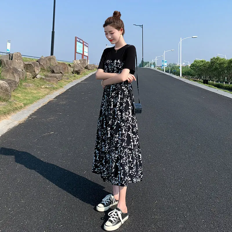 Платье женское, до середины икры, с принтом, повседневное, летнее, дышащее, черное, мягкое, А-силуэт, студенческое, новая мода, универсальное платье на любой случай, летнее платье для отдыха.