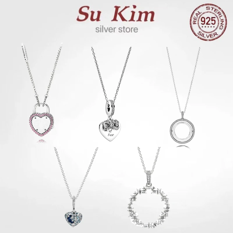 

Hot Sale 100% 925 Sterling Silver Fit Original pan necklace Love lock circle crystal For Women luxury DIY Jewelry wedding gift