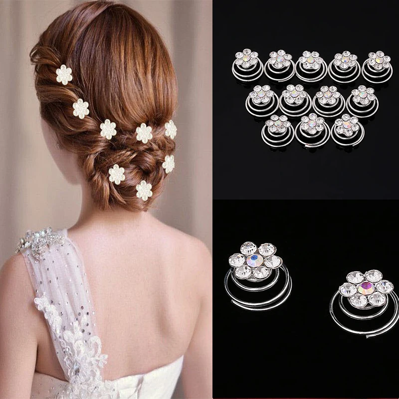 12pcs/lot Wedding Bridal Hairpins Rhinestone Pearl Flower Spiral Hair Pins Twist Clips for Women Bride Accessories |