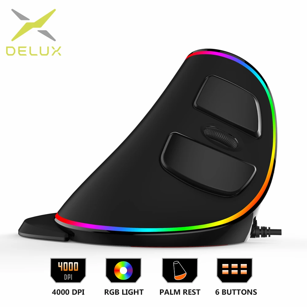 

Delux M618Plus RGB Ergonomic Vertical Mouse 6 Buttons 4000 DPI Optical Computer Mouse With Removable Palm Rest For PC Laptop