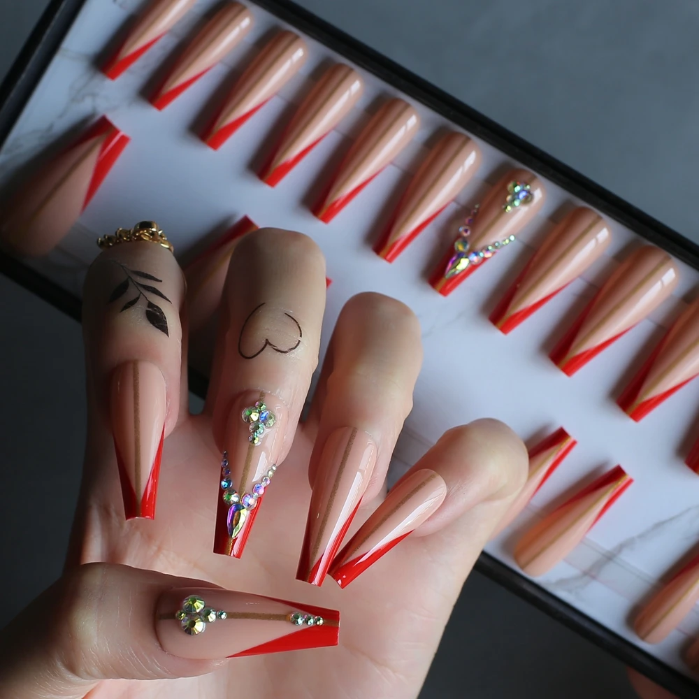 Экстра Красный V французский гель Роскошная Форма Стразы Украшенные искусственные ногти телесные накладные ногти желейные клейкие вкладыши в коробке