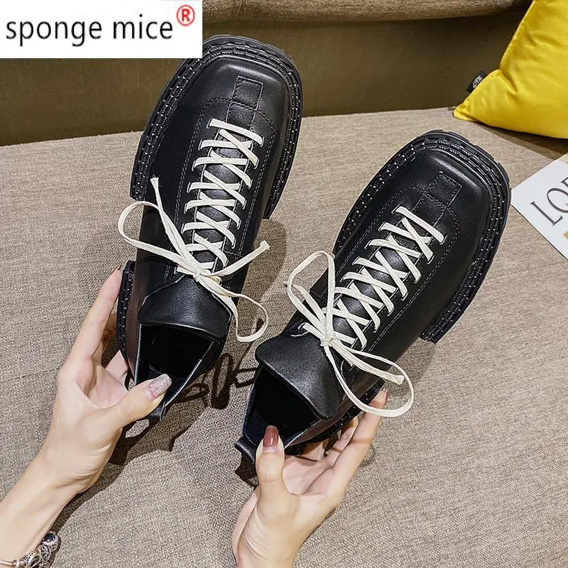 

2021 New Spring Leather Shoes Fashion Women Flat Lace Up Mid Heel Casual Shoes Retro Square Heel Women Shoes Zapatos De Mujer